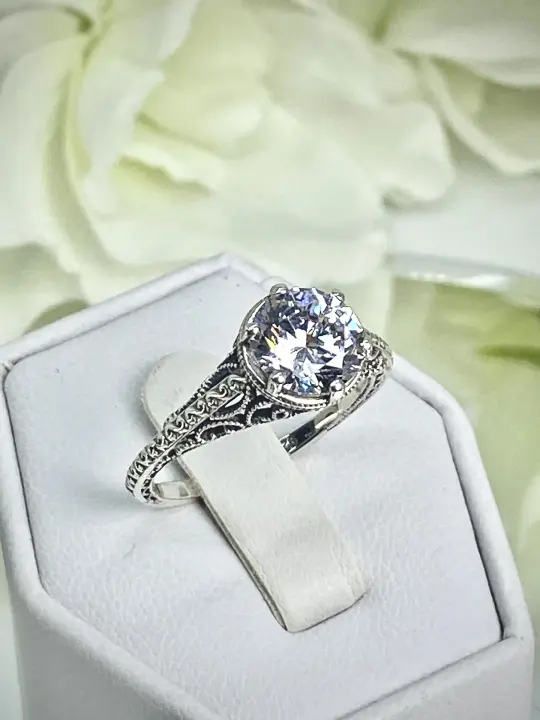 2ct Cubic Zirconia Wedding Ring, Size 7, Elegant Art Deco Sterling Silver Filigree - Vintage Style D167 - Ready to Ship