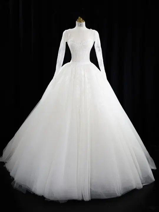 White square-neck, fitted waist, full skirt, long ball gown, bridal dress R8941