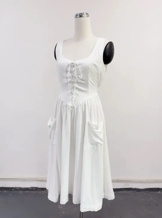 SAMPLE #445 - S/M Soft Linen Farm Chores Long Dress - White Linen