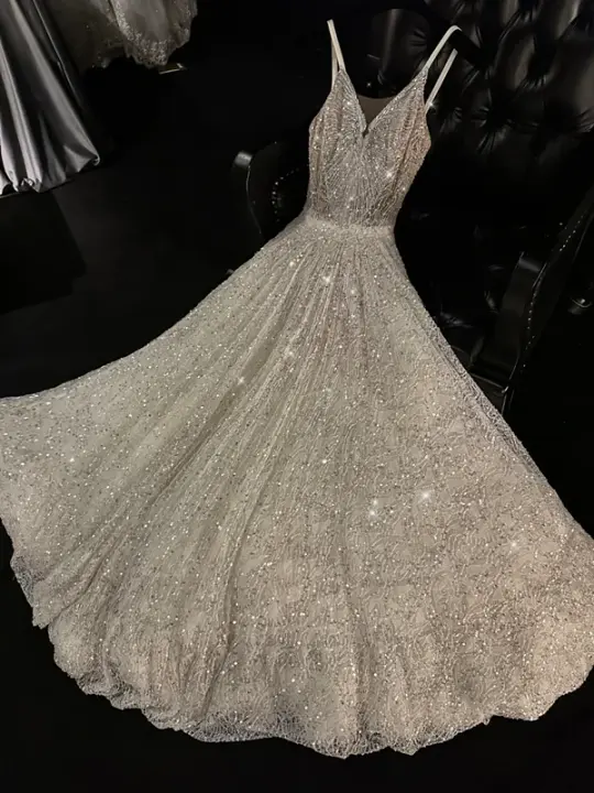 Light apricot sequined halter-neck fitted long ball gown/bridal dress R8818