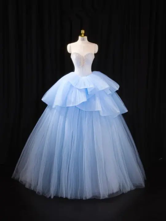Light blue strapless, fitted waist, full skirt, long ball gown R8918