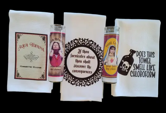 My choice Fafo gift box, aqua tofana , lorena bobbit, aileen wuornos candles,  candle, tea towel