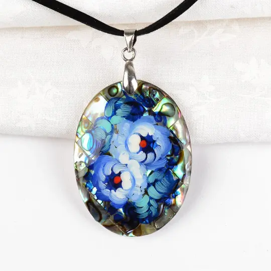 Blue Zhostovo on Abalone Necklace