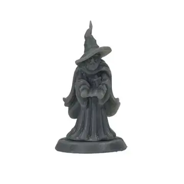 Unpainted 28mm 3D-printed resin wizard in a pointed hat holding an open scroll - tabletop RPG miniature for D&D, Pathfinder & wargaming