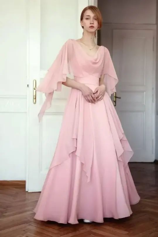 Flowy Chiffon Corset Prom Gown , Gentle Pink Maxi Summer Dress Evening Dress RS1869