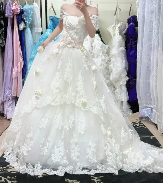 White off-the-shoulder fitted waist elegant classic ball gown, bridal dress R7246