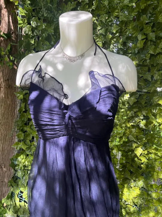 Silk Midnight Navy Ruffle Halter Dress • Sheer Layered Silk Mini Dress •
