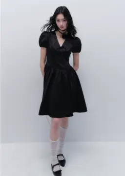 Black Satin V Neck Mini Dress Women With Puff Sleeves And Bow Detail R9437
