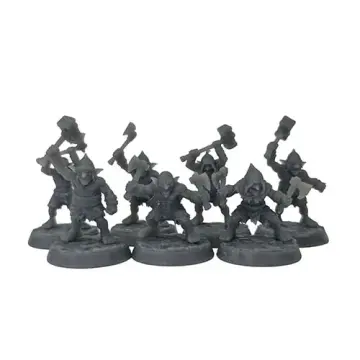 A front-view photograph of a squad of six unpainted grey resin goblin berserker miniatures against a white background. The muscular goblins are aggressively posed wielding various weapons, including axes and heavy hammers, standing on circular cobblestone-textured bases.