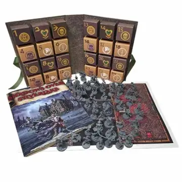 Shadows Over Silverlake 5E vampire one-shot advent calendar showing the 24-door book-style box, quest book, double-sided battlemap, and 57 unpainted miniatures.