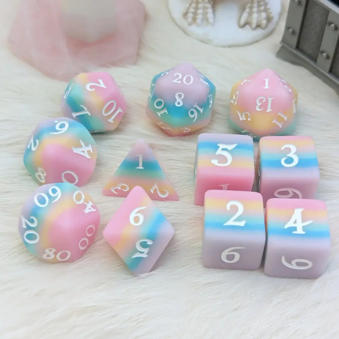 Dazed and Dreamy Dice Set – 11-Piece Matte Pastel Rainbow DnD Dice | Fennek & Finch