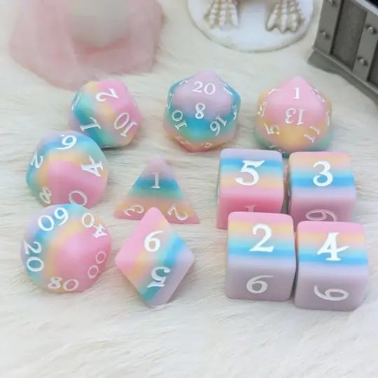 Dazed and Dreamy Dice Set – 11-Piece Matte Pastel Rainbow DnD Dice | Fennek & Finch