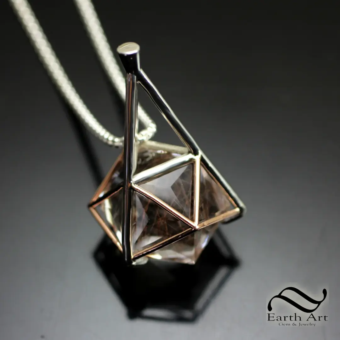 20 Sided Rutile Quartz Medallion - Sterling and 14k Rose gold
