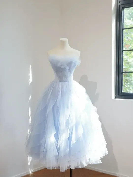 Light blue strapless, fitted waist, full skirt, mid-length ball gown R8466