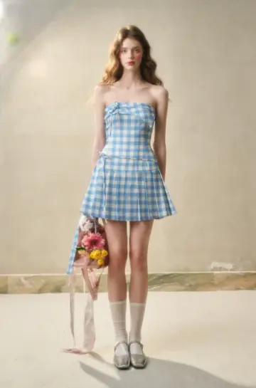 Blue & White Gingham Strapless Mini Dress with Bow Detail, Pleated Skirt and Fitted Bodice R9260