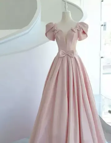 Charming Pink Prom Gown ,Puff Sleeves Satin Maxi Evening Dress Birthday Dress RS1309