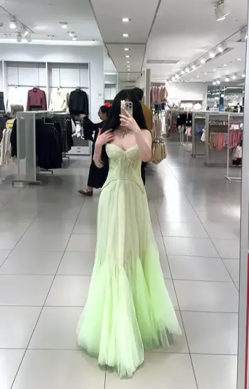 Gradient light green strapless fitted long ball gown R7890