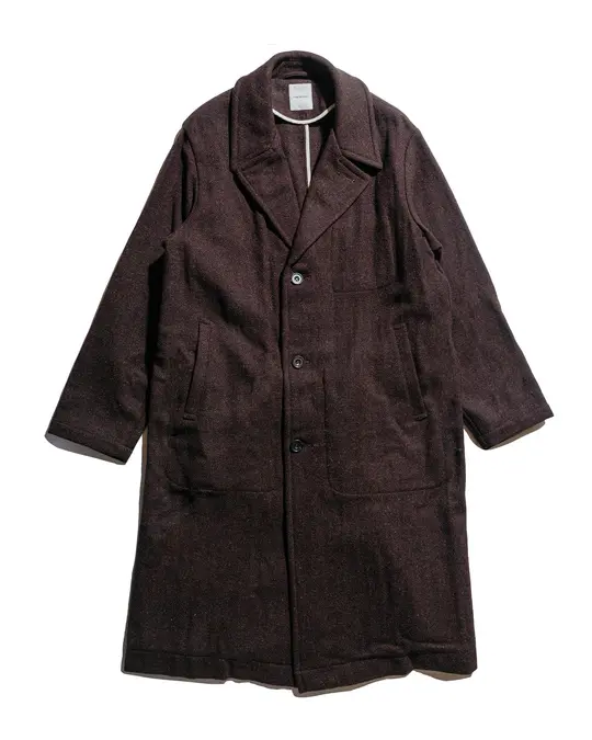 Sage de Cret Harris Tweed Ulster Collar Long Coat Dark Brown