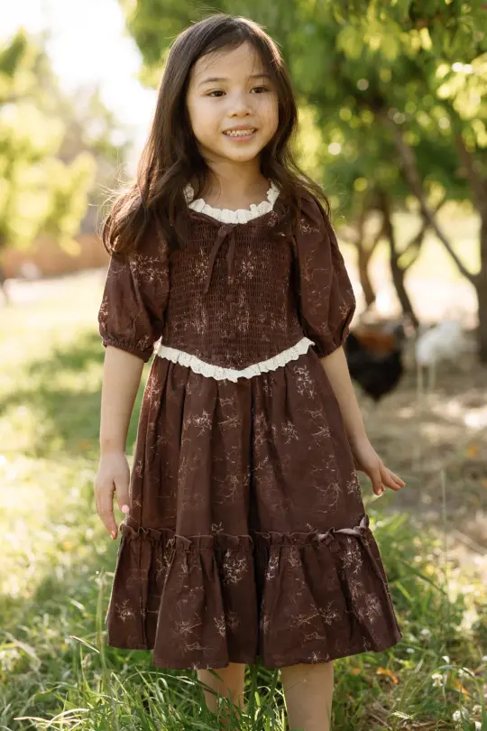 Mini Asha Dress in Warm Cocoa Valencia Toile