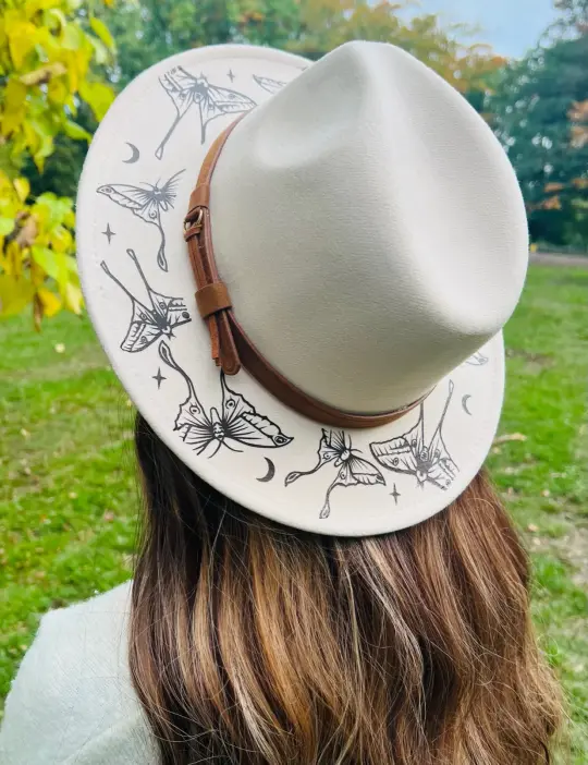 Cream Luna Moths Vegan Felt Wide Brim Hat