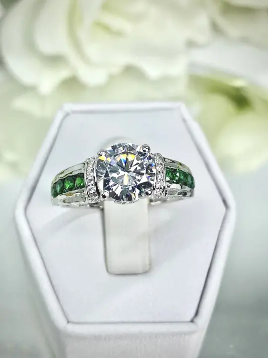 White CZ Ring, Size 8, faux Diamond and Emerald Green Inlay Gems, Art Deco Jewelry #D220 - Ready to Ship