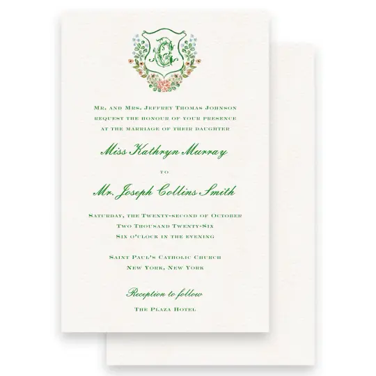 Green Floral Watercolor Crest with Trellis Empire Script Wedding Invitation