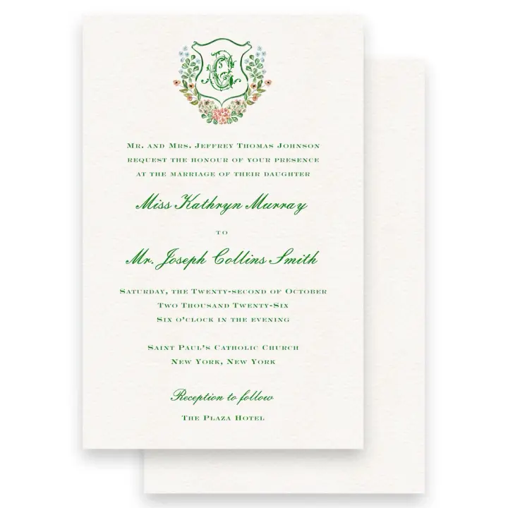 Green Floral Watercolor Crest with Trellis Empire Script Wedding Invitation