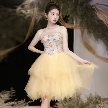 Cute Pastel Yellow A-Line Strapless Mini Dress with Tulle Skirt Party Dress Birthday Dress RS037