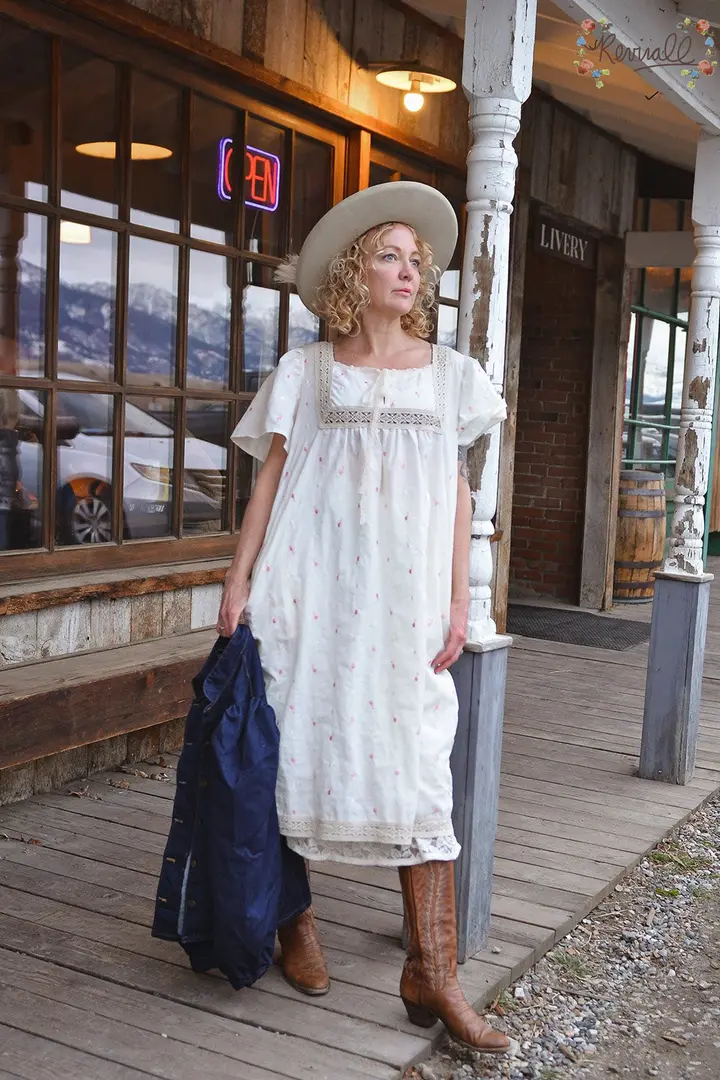 Cotton Victorian Nightie Dress in Spring Blossom-Medium