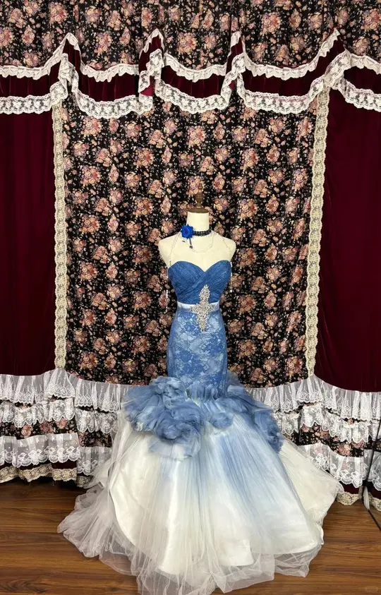 French Chic Baby Blue Mermaid Strapless Long Women Dress with Beaded Prom Dress Evening Dress RS103