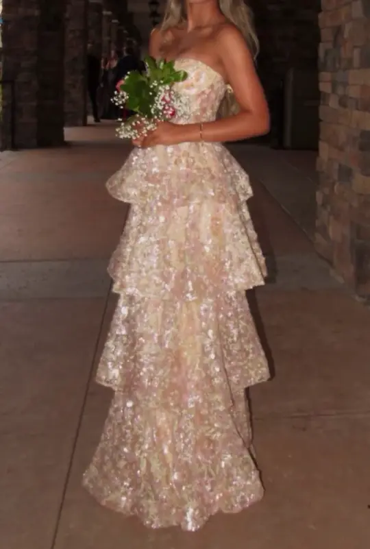 Ruffled Tulle Glitter Corset Prom Gown , Champagne Women's Maxi Evening Dress Party Dress RS2551