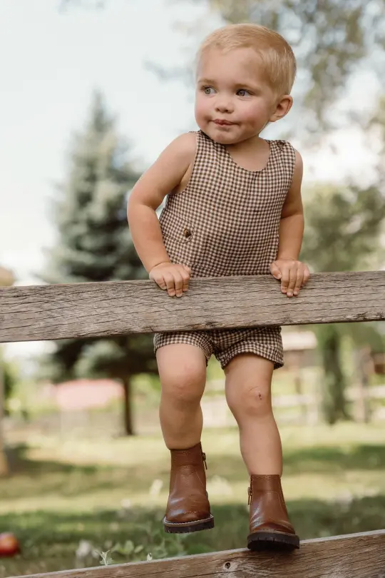 Baby Boy Thomas Romper in Brown Gingham