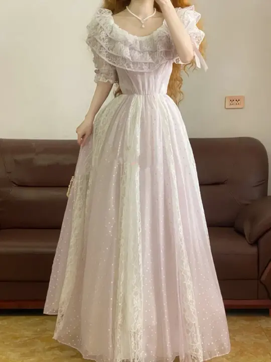 Light Purple Ruffled-Collar Waist-Cinched Long-Length Elegant Ball Gown, Bridal Gown R7332