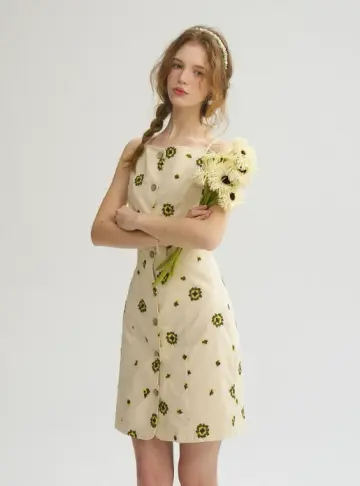 Beige Floral Embroidered Cami Mini Dress Women With Button Front Detail R9478