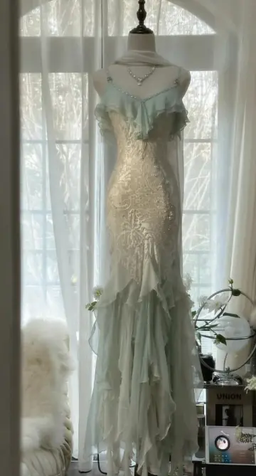 Flowy Mint Green Prom Gown , Chiffon Beaded Corset Maxi Party Dress Cami Dress RS1364