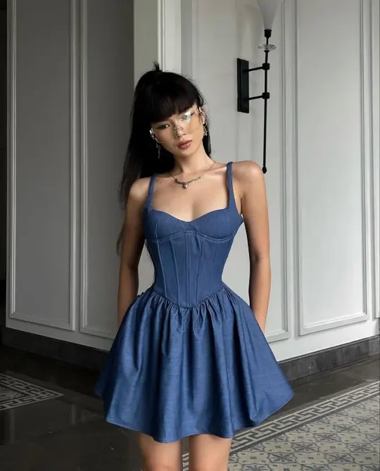 Blue suspenders slim waist A-line sexy short skirt homecoming dress R4012