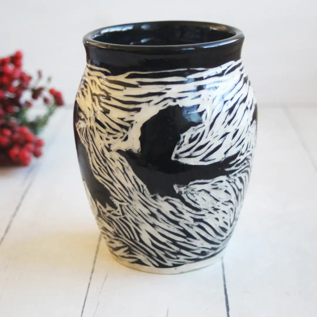 Black Raven Pottery Vase, Hand Carved Black Crow, Art Vase, Made in USA