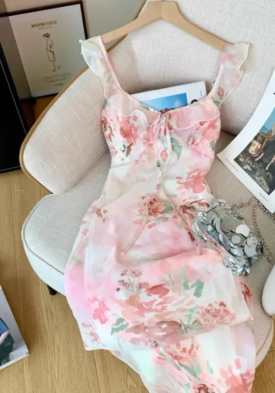 French pure desire style v-neck suspender dress new gentle style small flying sleeve long dress R4034