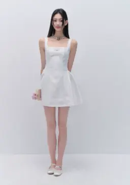 White French Hepburn Style Mini Dress Women With Square Neck And Bow Detail R9411