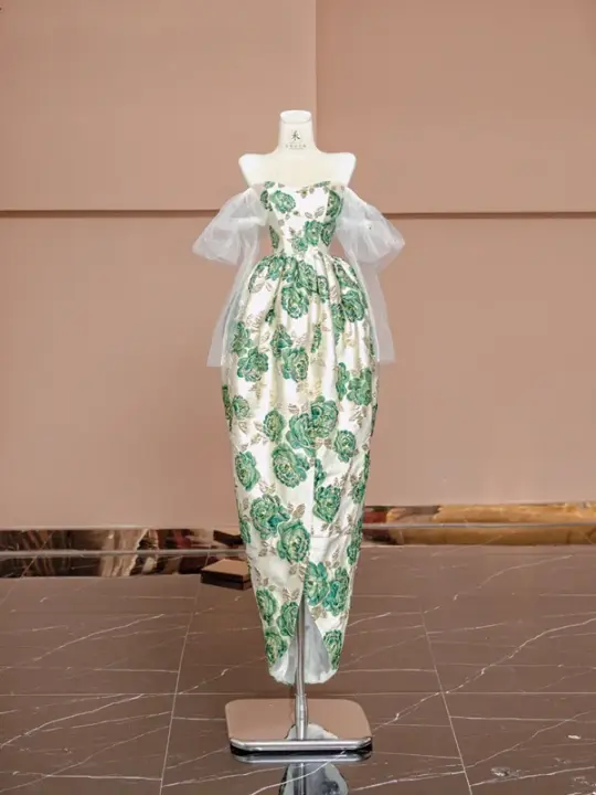Retro strapless green floral print fitted waist puff skirt long ball gown R8375
