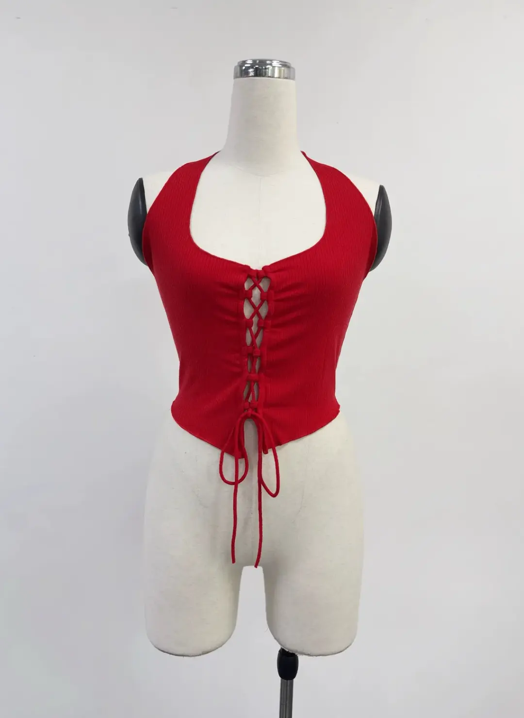 SAMPLE #406 - M Lace Up Tencel Rib Halter Top - Red