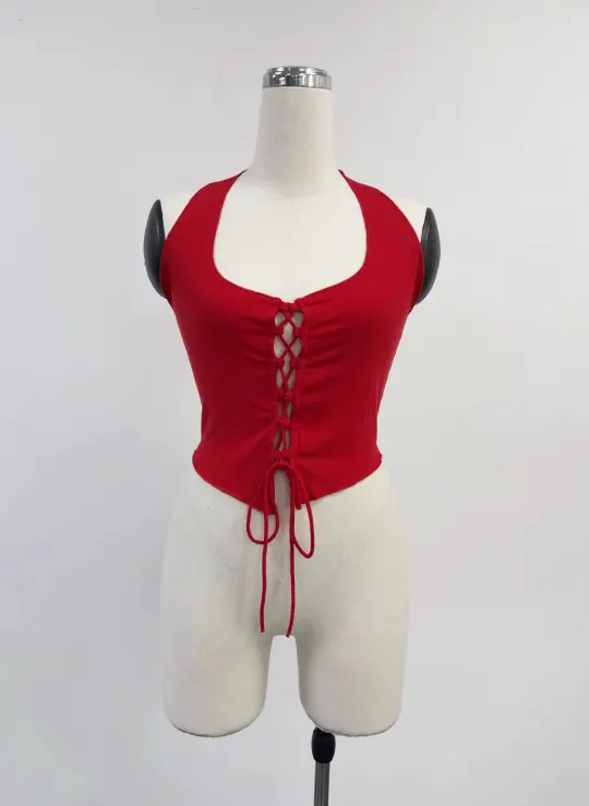 SAMPLE #406 - M Lace Up Tencel Rib Halter Top - Red