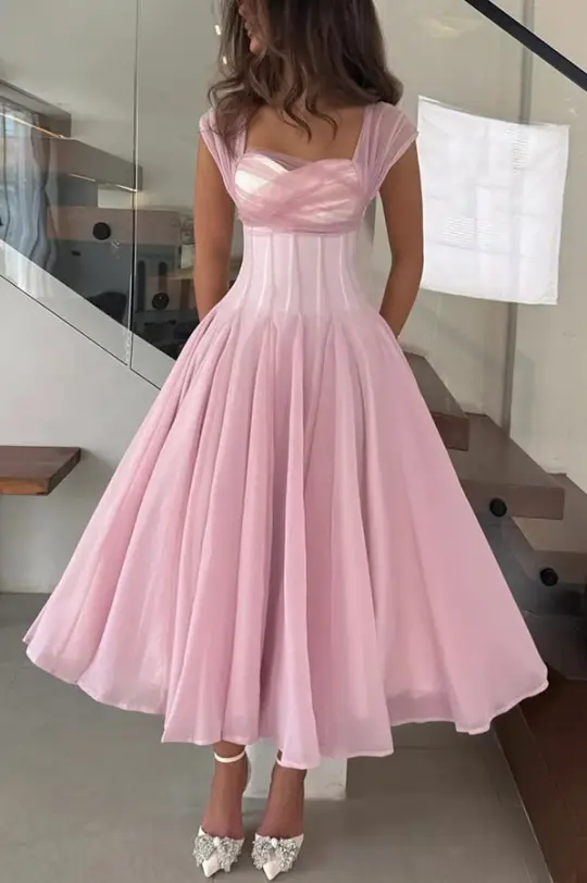 Soft Pink A-Line Square Corset Maxi Prom Dress Party Dress RS380