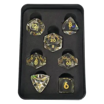 Crystal clear gem cut resin DnD dice set with gold numbers in a Project Kirtrite metal tin