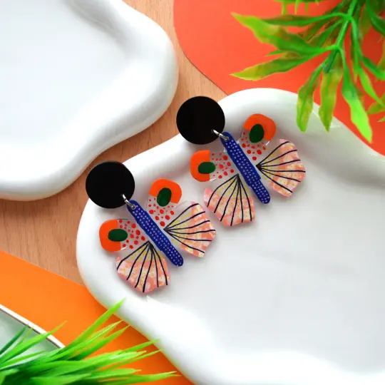 Orange Black and Pink Geometric Moth Insect Laser Cut Acrylic Earrings