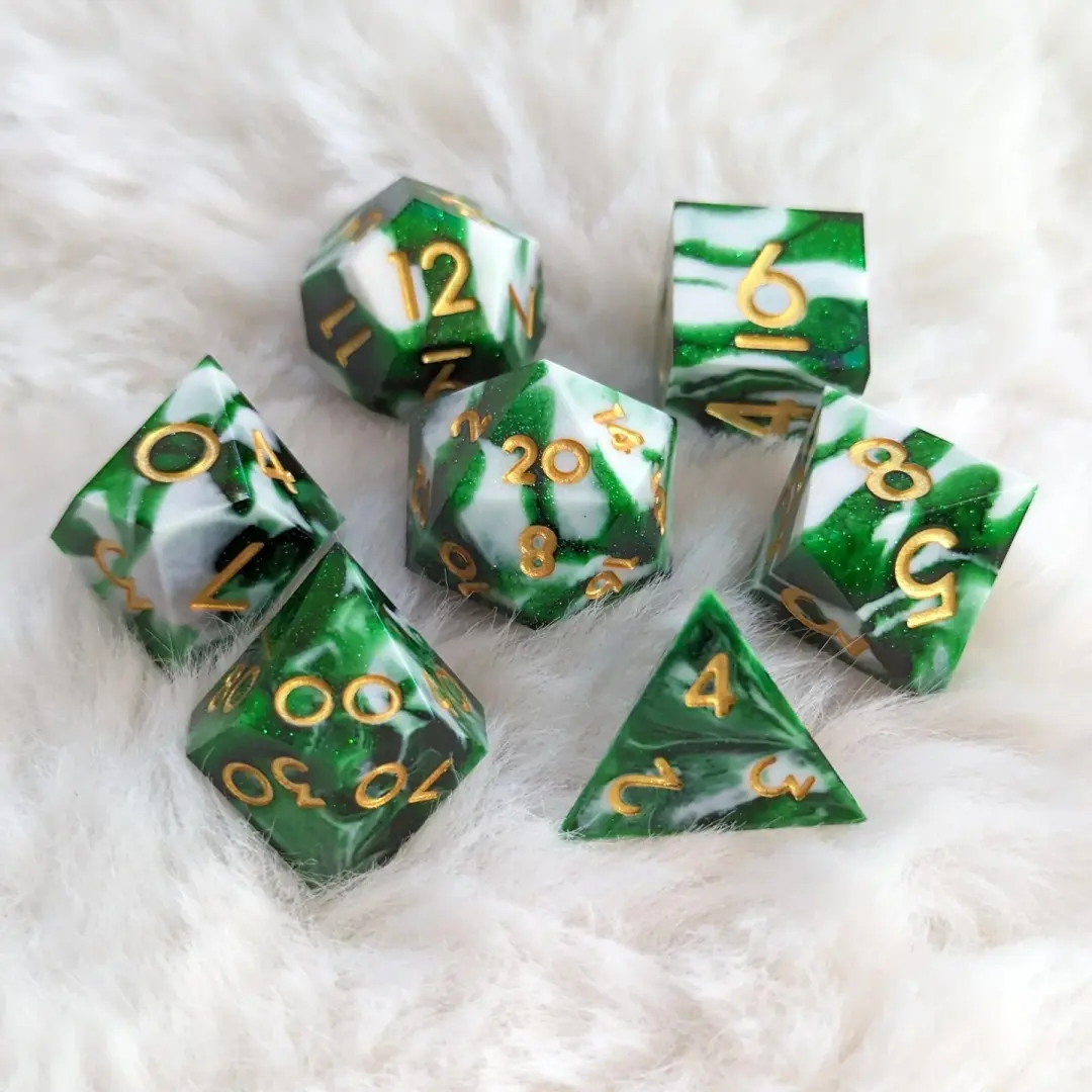 Volley Sharp Edge Dice Set – 7-Piece Clear Green White Marbled Shimmer DnD