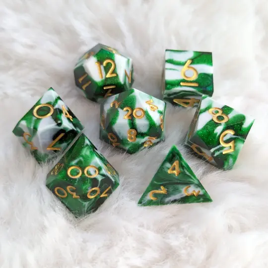 Volley Sharp Edge Dice Set – 7-Piece Clear Green White Marbled Shimmer DnD