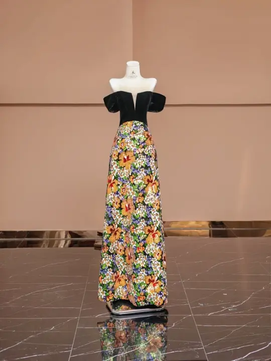 Black off-the-shoulder, fitted waist, sequined floral skirt, long ball gown R8385