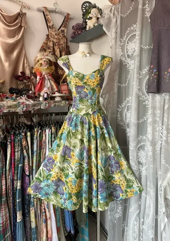 Vintage oil painting floral A-line short ball gown R6380