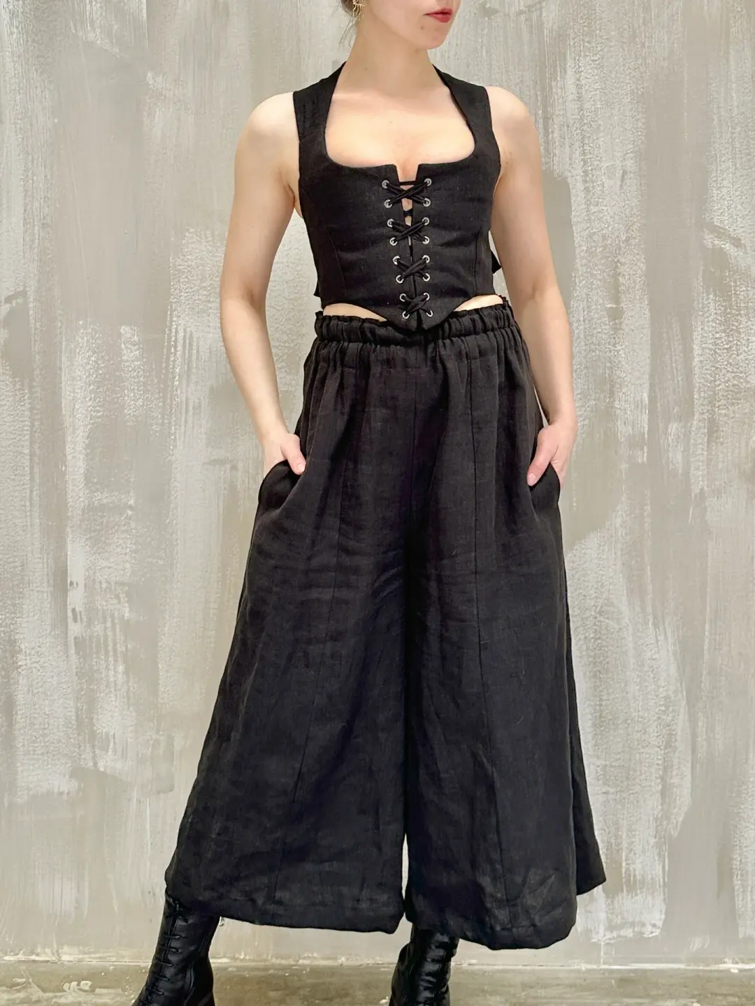 Wide Leg Linen Trousers (Soft Black)